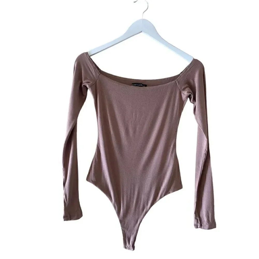 Naked Wardrobe Long Sleeves Latte Tan Womens Body Suit Top Soft SZ L #1664